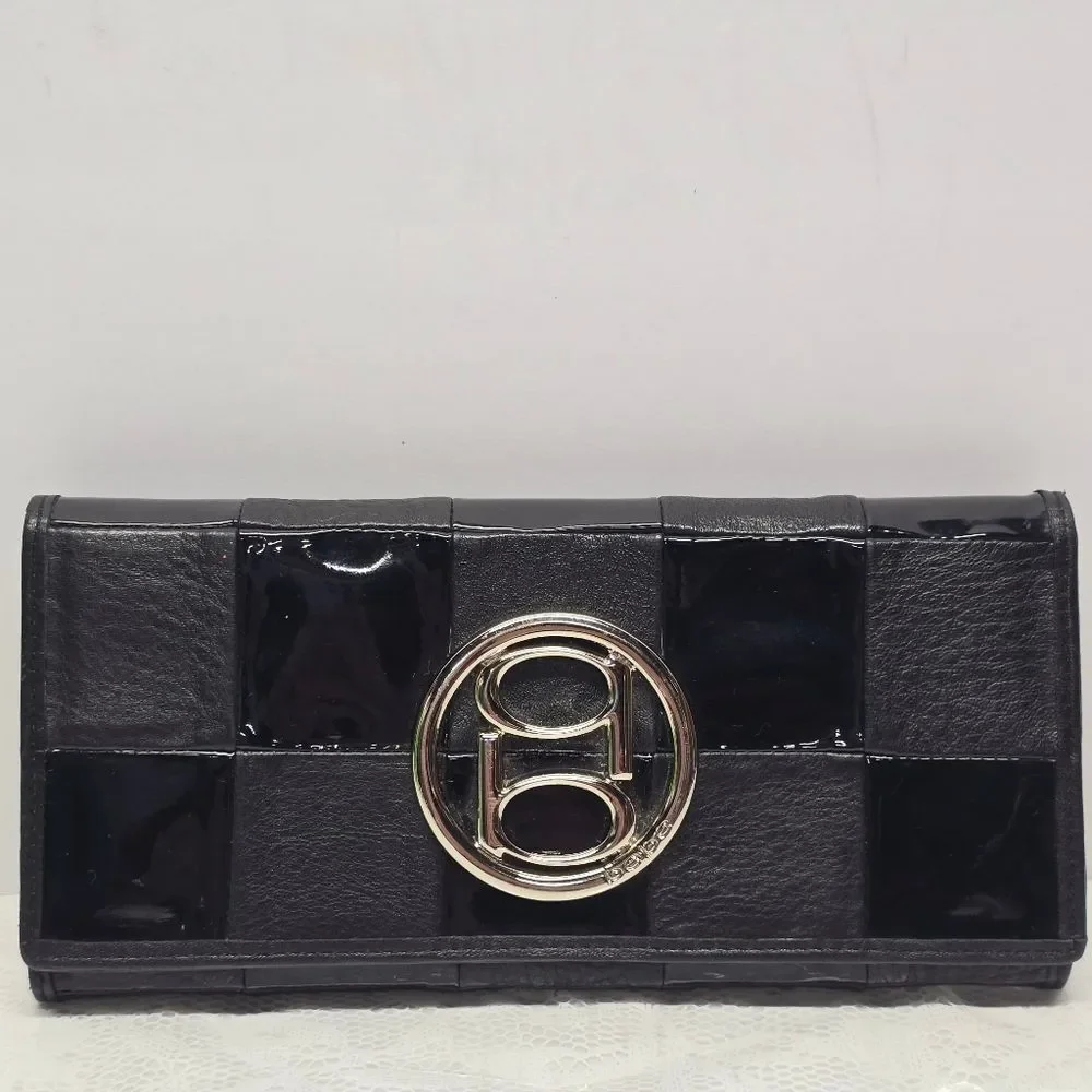BEBE Vintage Checked Genuine Black Mixed Leather Trifold Wallet Checkbook Holder